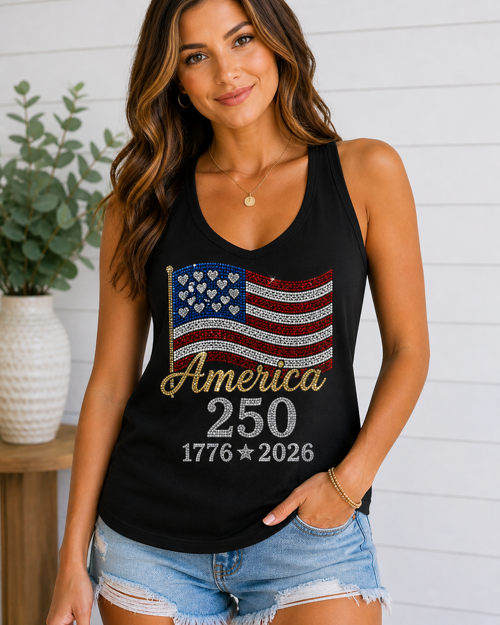America 250 Rhinestone Flag Women’s Racerback Tank