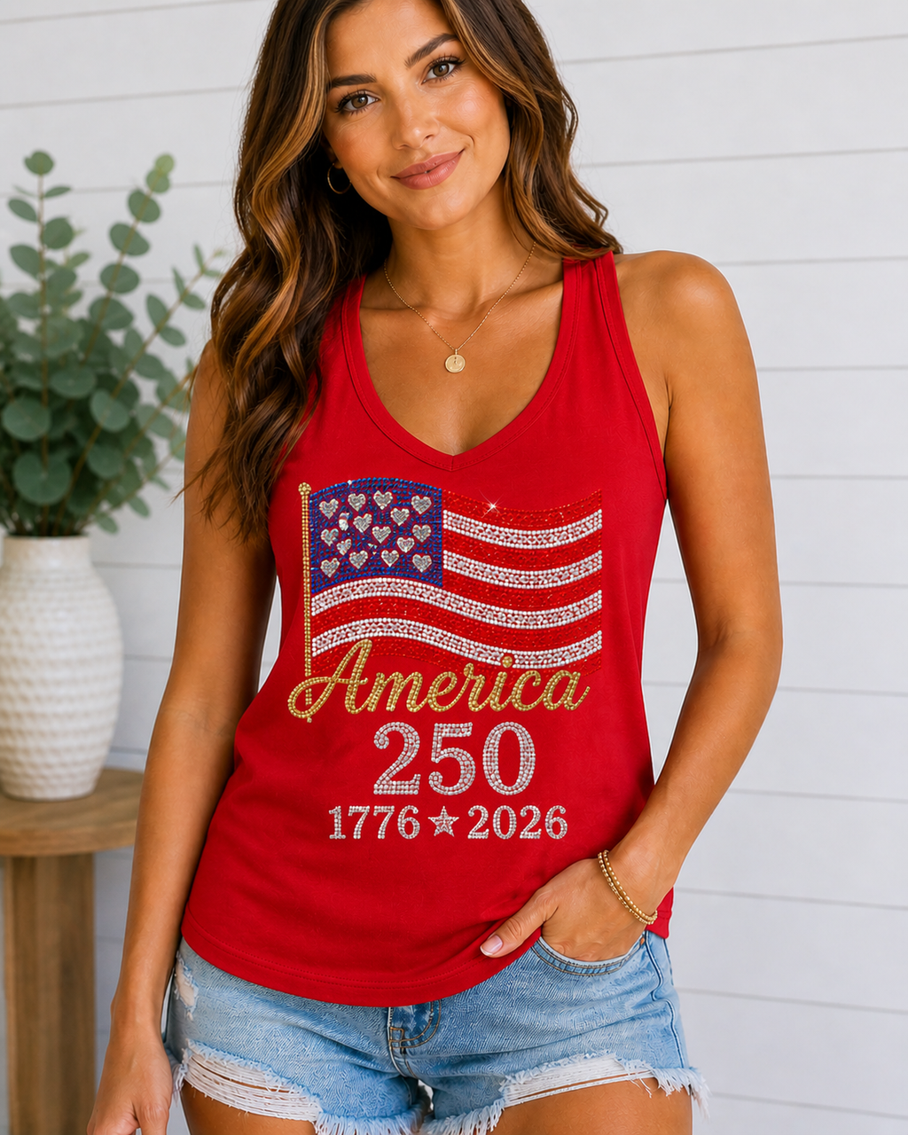 America 250 Rhinestone Flag Women’s Racerback Tank