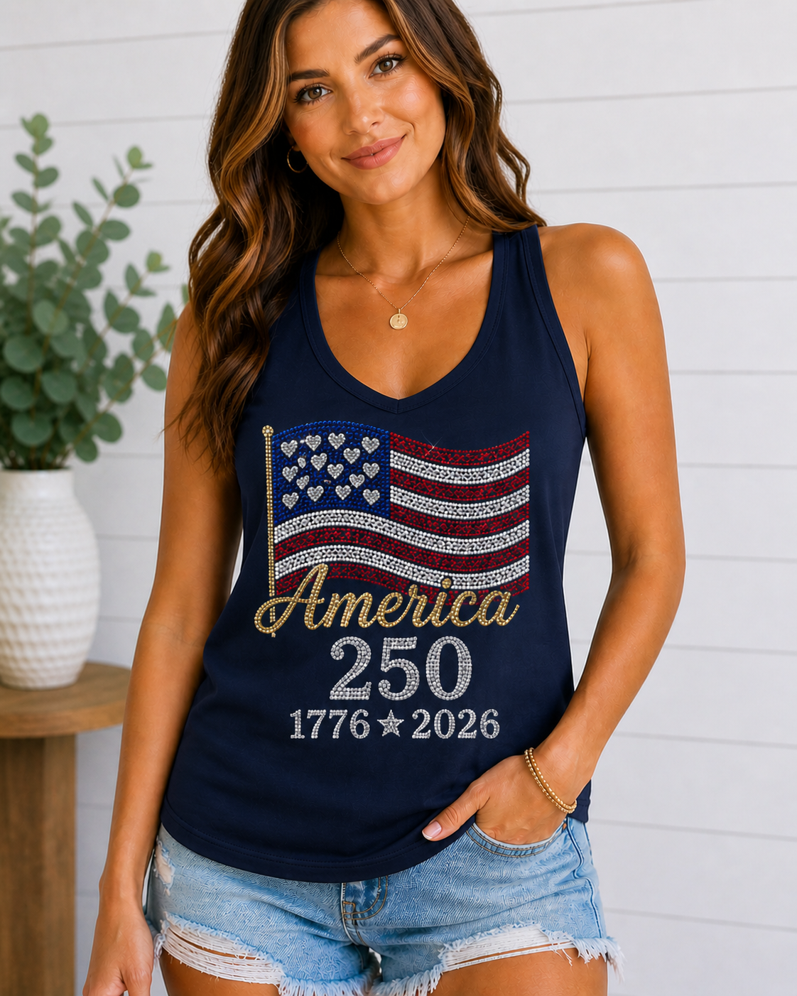 America 250 Rhinestone Flag Women’s Racerback Tank