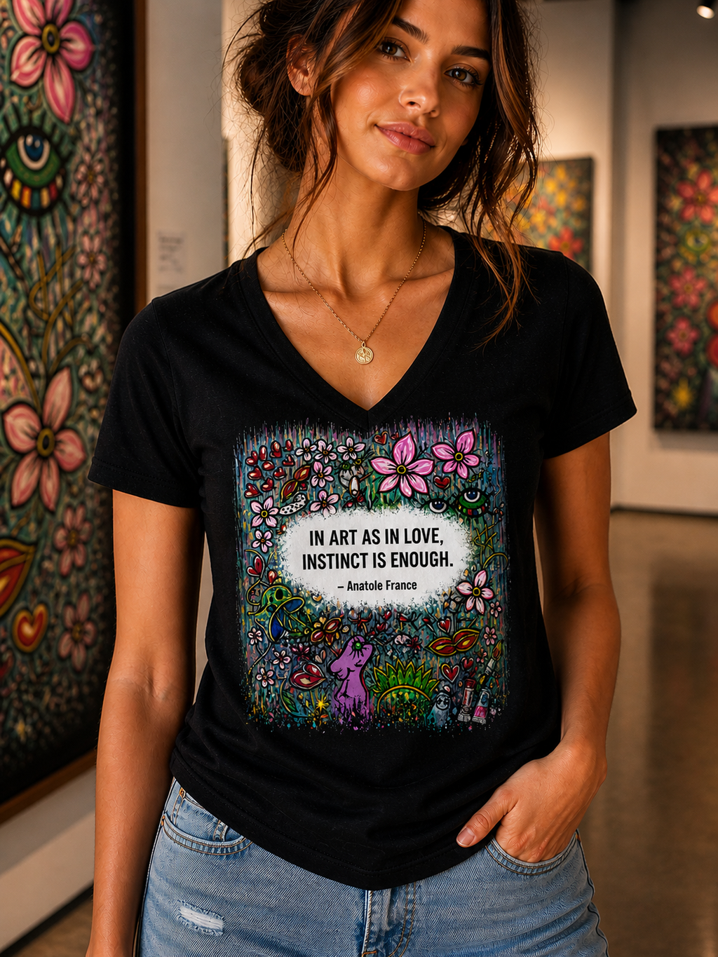 In Art As In Love, Instinct Is Enough Shirt – Women’s Black V-Neck Artist Tee