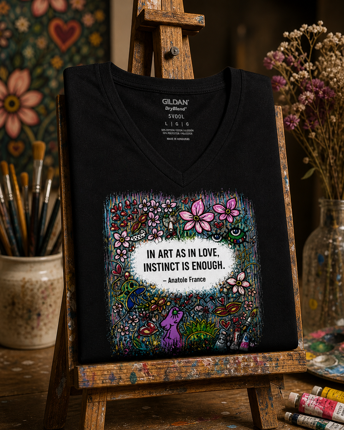 In Art As In Love, Instinct Is Enough Shirt – Women’s Black V-Neck Artist Tee