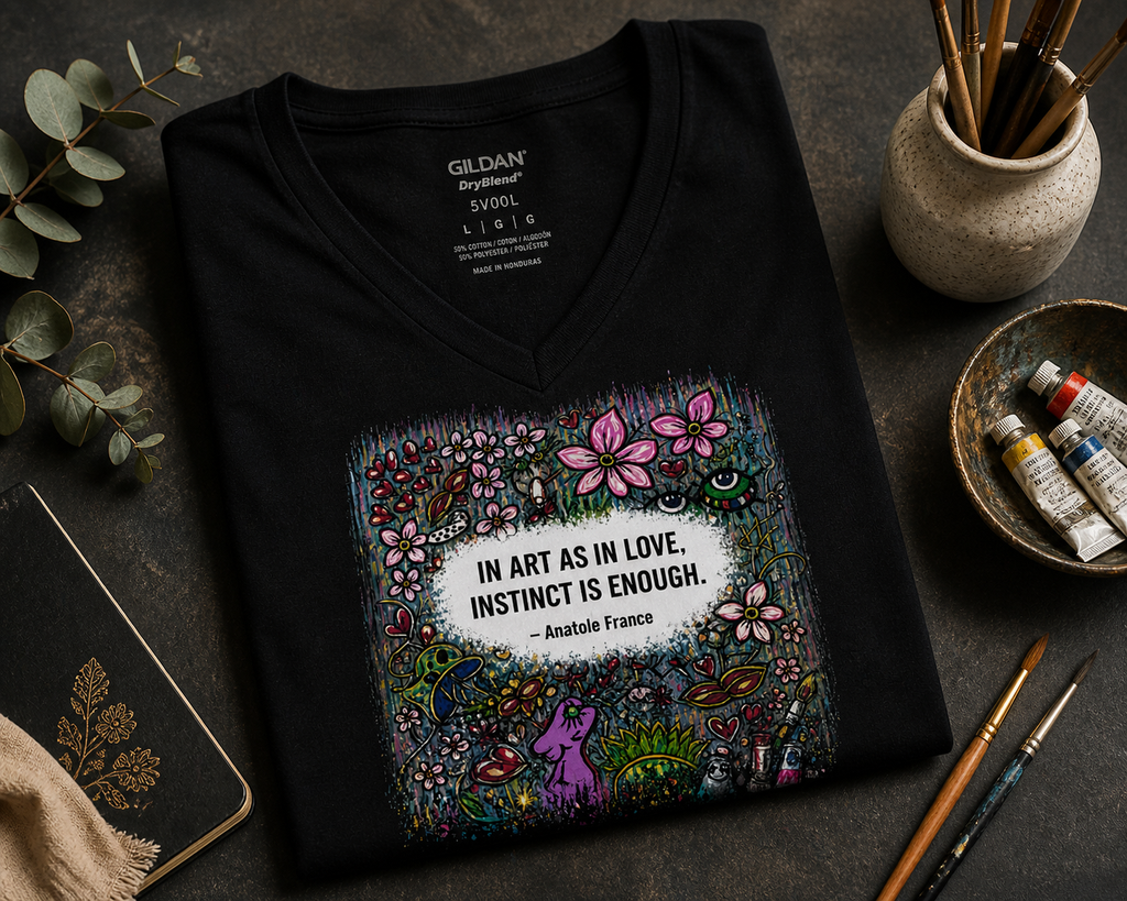 In Art As In Love, Instinct Is Enough Shirt – Women’s Black V-Neck Artist Tee