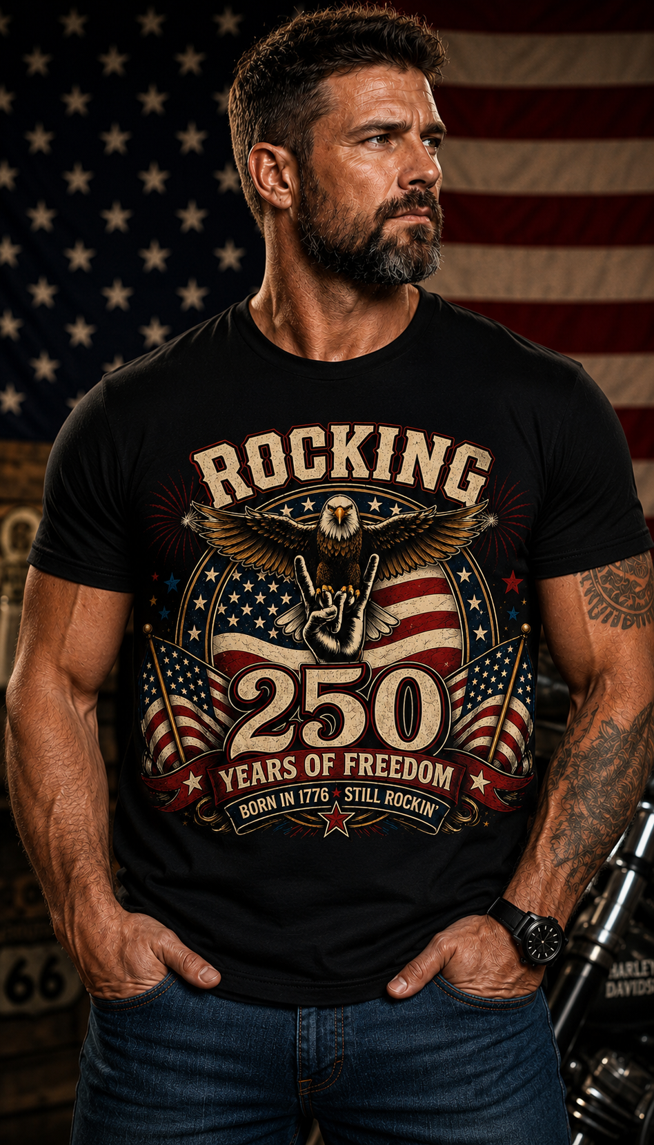 Men’s 4th of July Independence Day Patriotic Shirt – Rocking 250 Years of Freedom Eagle Tee