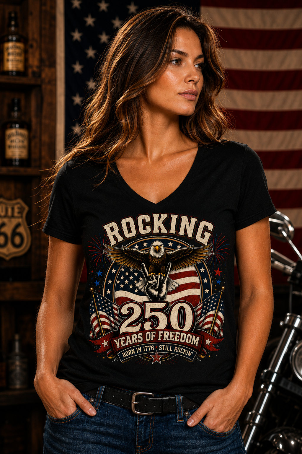 Women’s 4th of July Patriotic Eagle V-Neck Shirt – Rocking 250 Years of Freedom