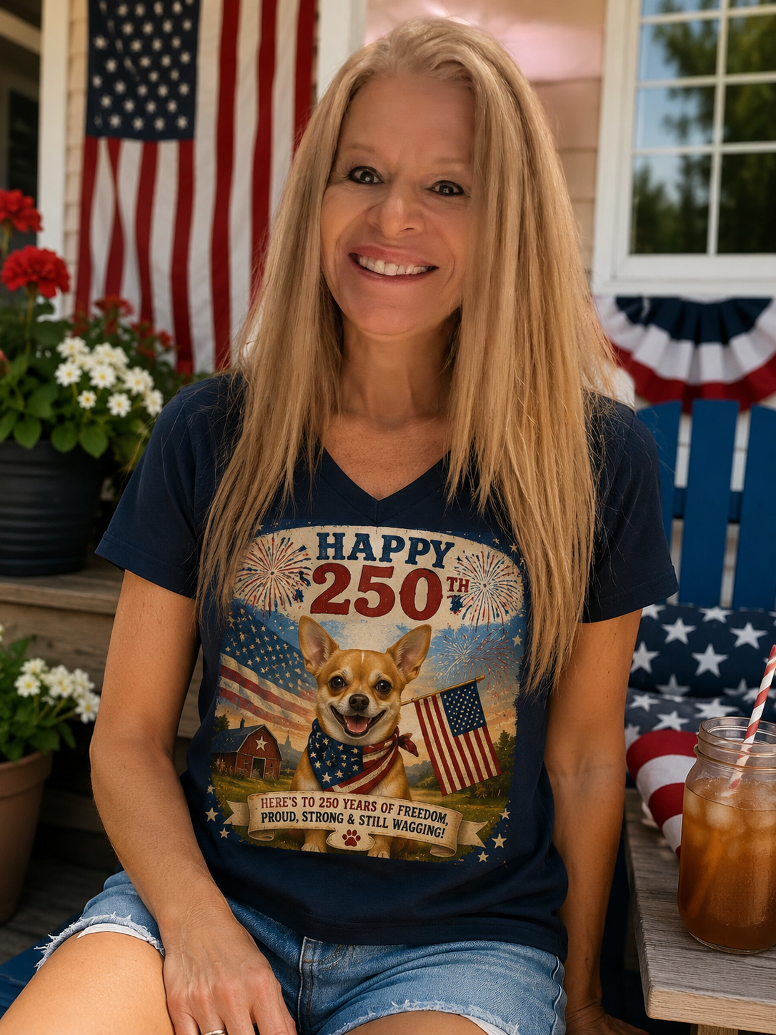 Happy 250th Patriotic Chihuahua V-Neck Shirt | 250 Years of Freedom Dog Tee