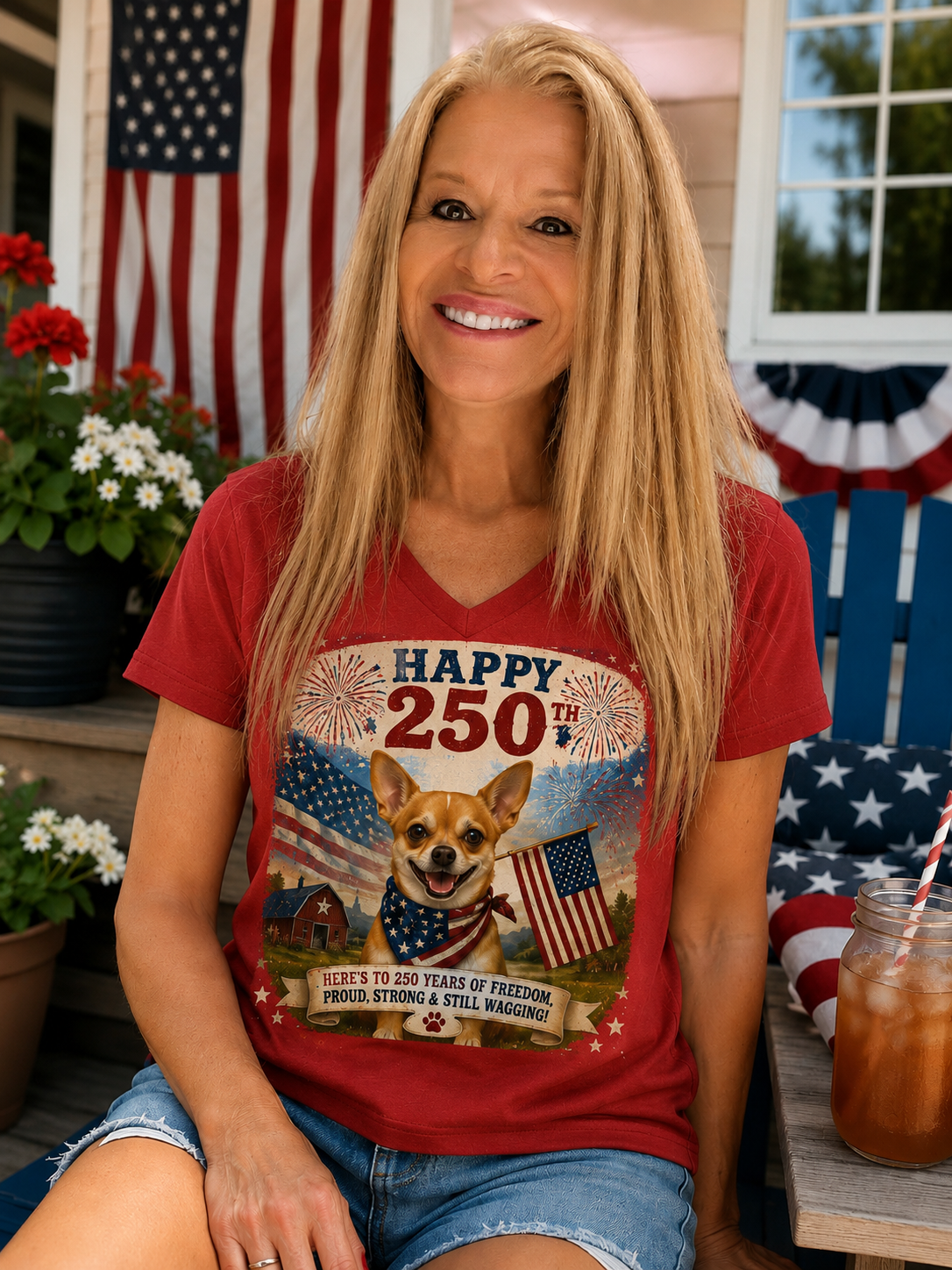 Happy 250th Patriotic Chihuahua V-Neck Shirt | 250 Years of Freedom Dog Tee