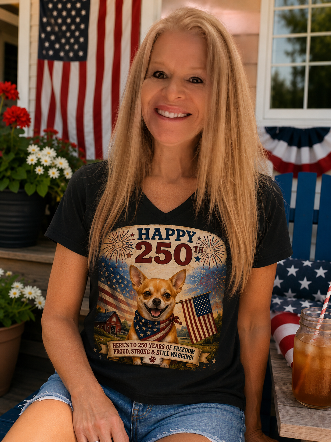 Happy 250th Patriotic Chihuahua V-Neck Shirt | 250 Years of Freedom Dog Tee