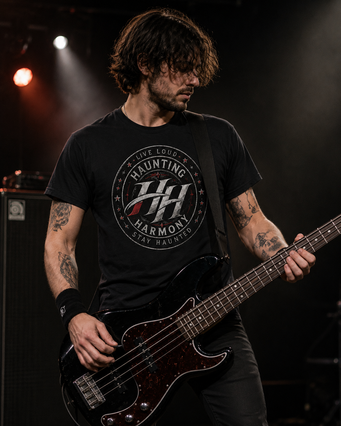 Haunting Harmony “Live Loud Stay Haunted” Gothic Rock Logo T-Shirt – Dark Distressed Music Graphic Tee