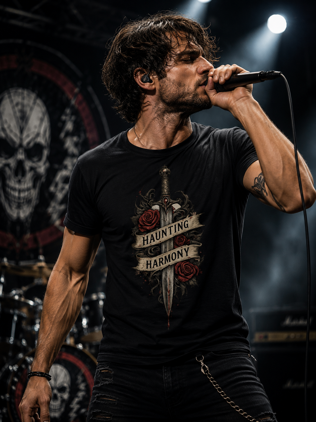 Haunting Harmony Gothic Sword & Roses T-Shirt – Dark Rock Graphic Tee – Alternative Metal Style Shirt