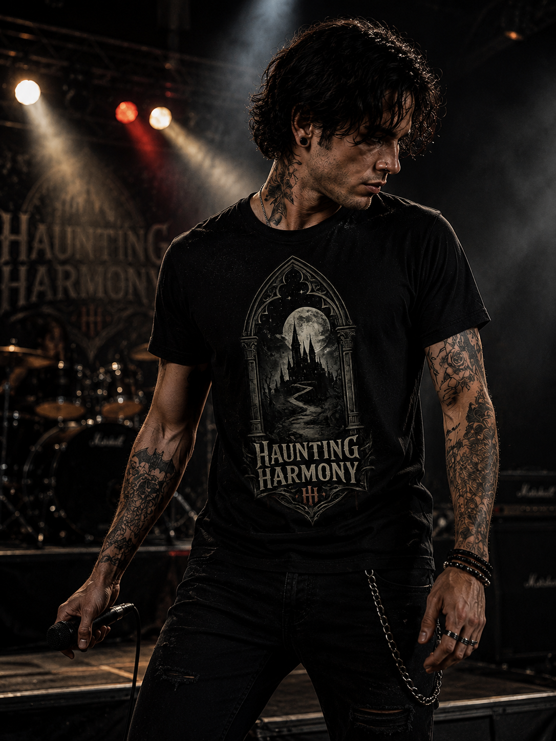 Haunting Harmony Gothic Castle Moonlight T-Shirt – Dark Fantasy Rock Graphic Tee Music Tour Tee