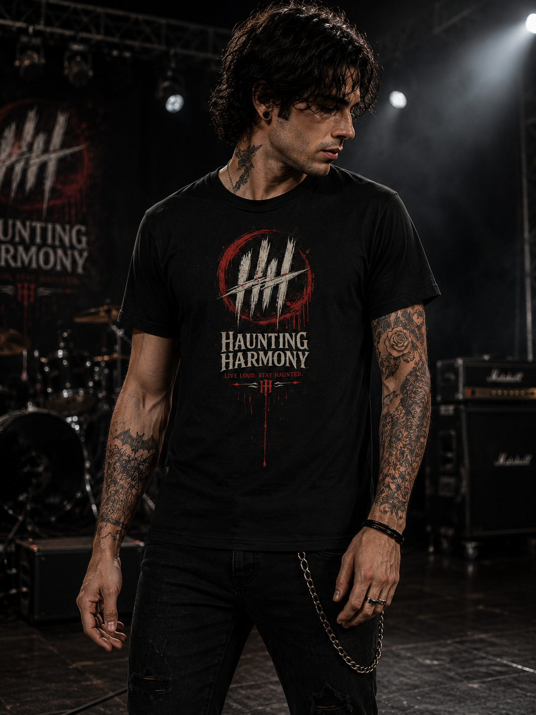 Haunting Harmony “Live Loud, Stay Haunted” Distressed Horror Rock T-Shirt – Gothic Metal Graphic Tee