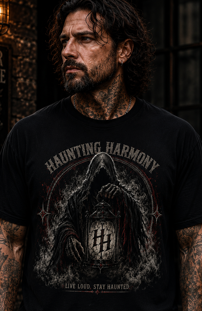 Haunting Harmony Grim Reaper Lantern Gothic Metal T-Shirt – Live Loud Stay Haunted Black