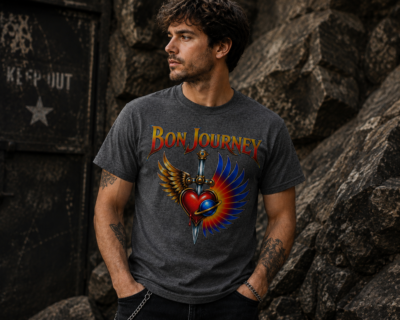 Bon Journey Winged Heart Tribute Rock T-Shirt – Journey & Bon Jovi Inspired Concert Tee