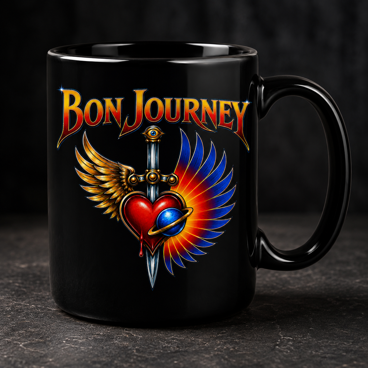 Bon Journey 15oz Black Coffee Mug – Journey & Bon Jovi Inspired Rock Mug