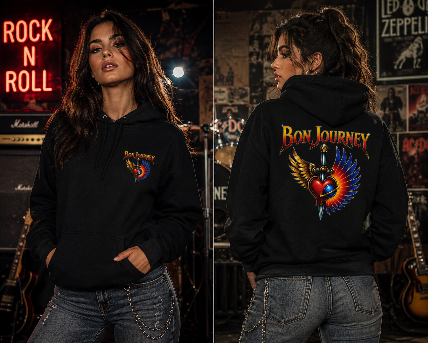 Bon Journey Winged Heart Champion Hoodie – Classic Rock Tribute Pullover