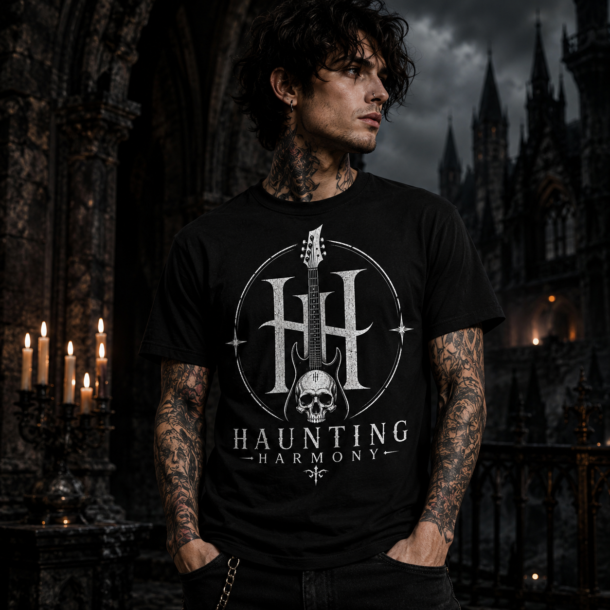 Haunting Harmony Gothic Guitar Skull T-Shirt