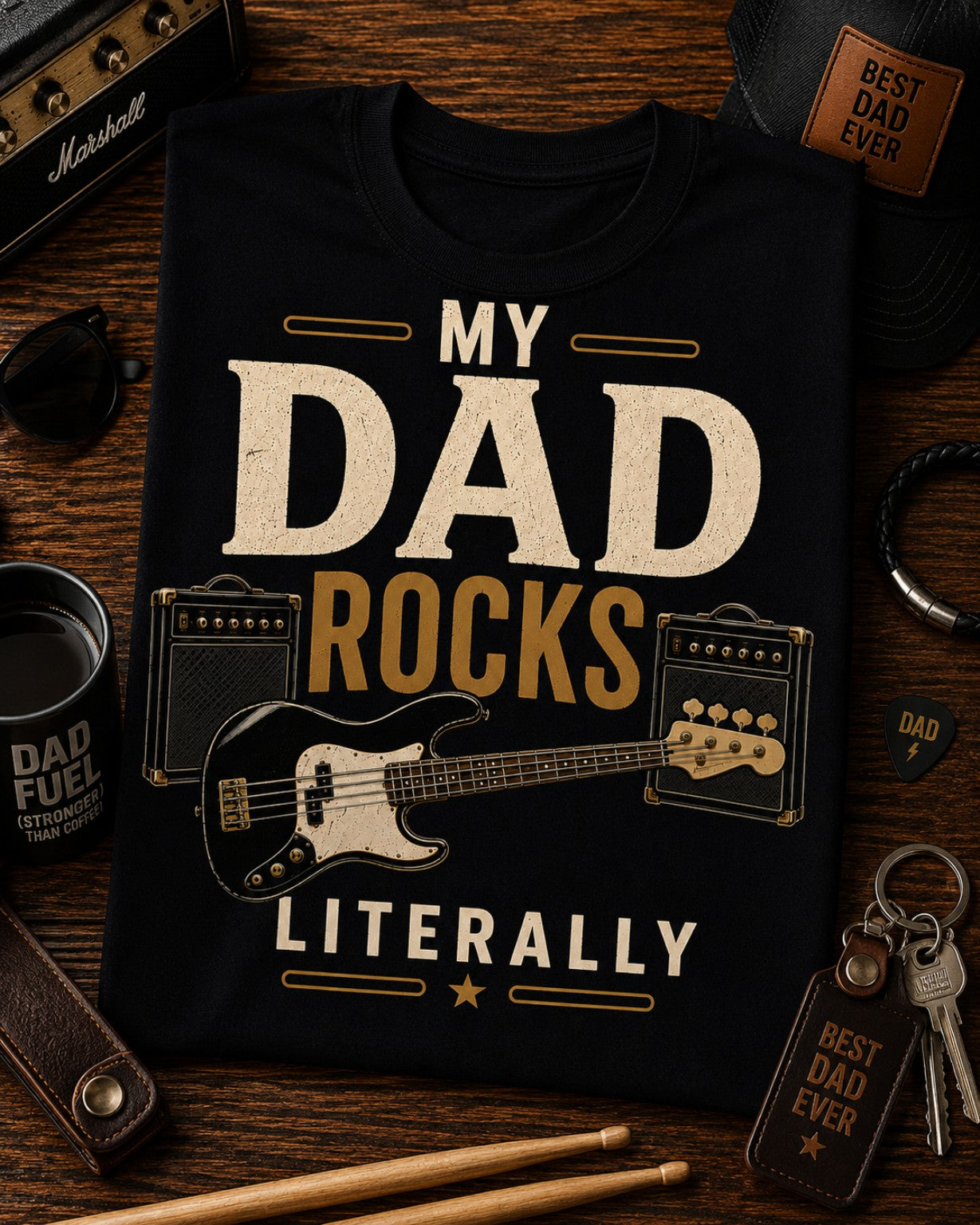 My Dad Rocks Literally Bass Guitar Shirt – Bass Player Dad Father's Day Tee