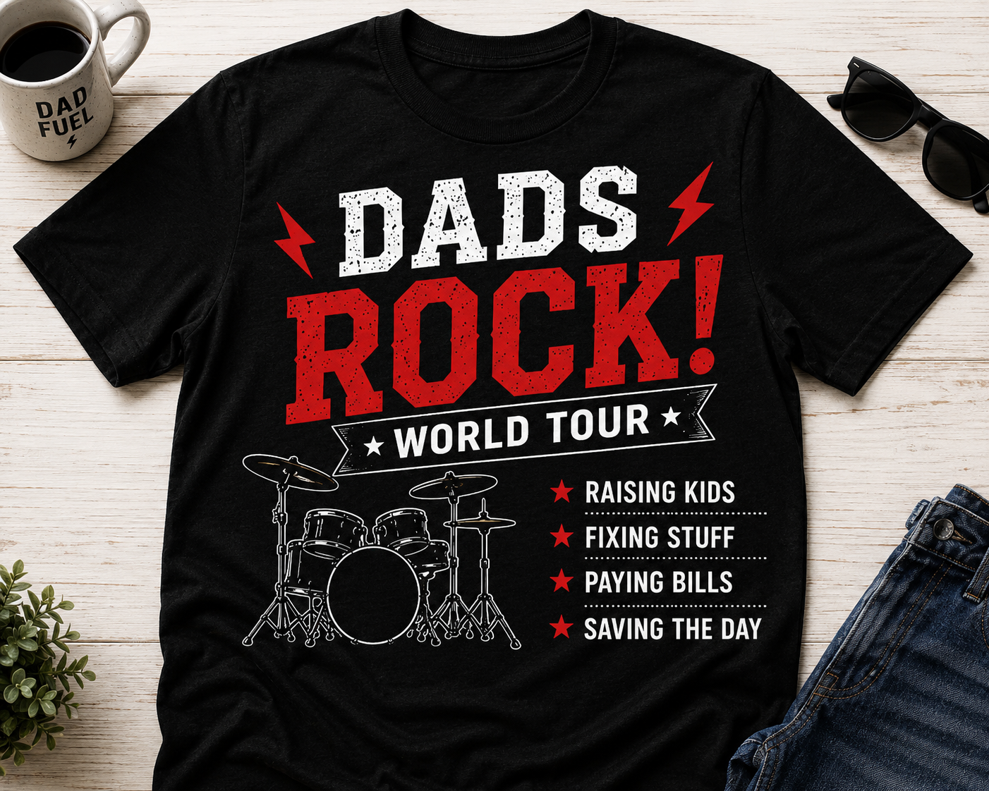 Dads Rock (Drums) World Tour T-Shirt – Funny Drummer Dad Shirt for Music Lovers and Fathers
