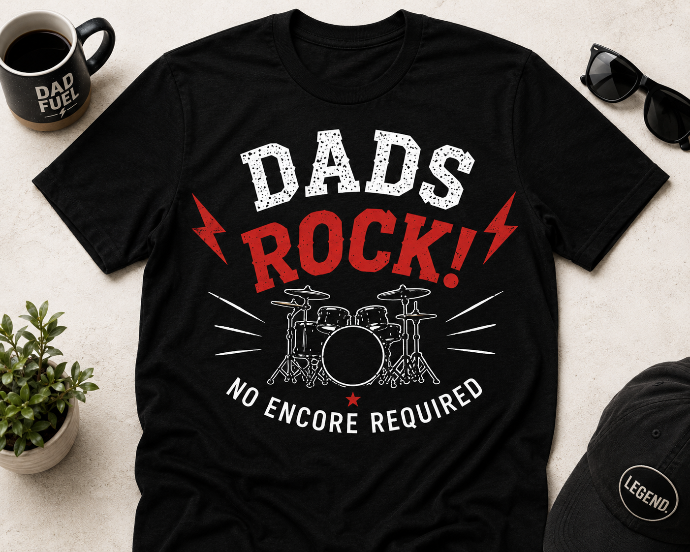 Dads Rock (Drums) T-Shirt – No Encore Required Funny Drummer Dad Shirt