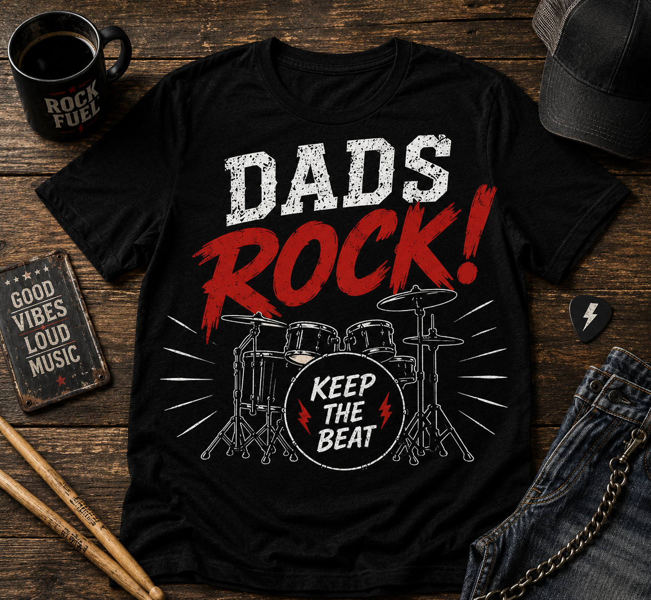 Dads Rock (Drums) T-Shirt – Keep the Beat Drummer Dad Shirt