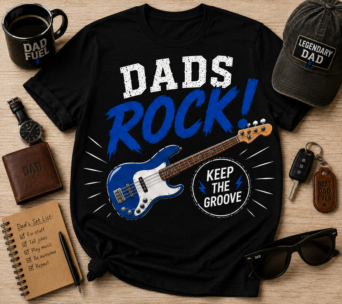 Dads Rock! Keep the Groove (Bass Guitar) Father's Day Musician T-Shirt