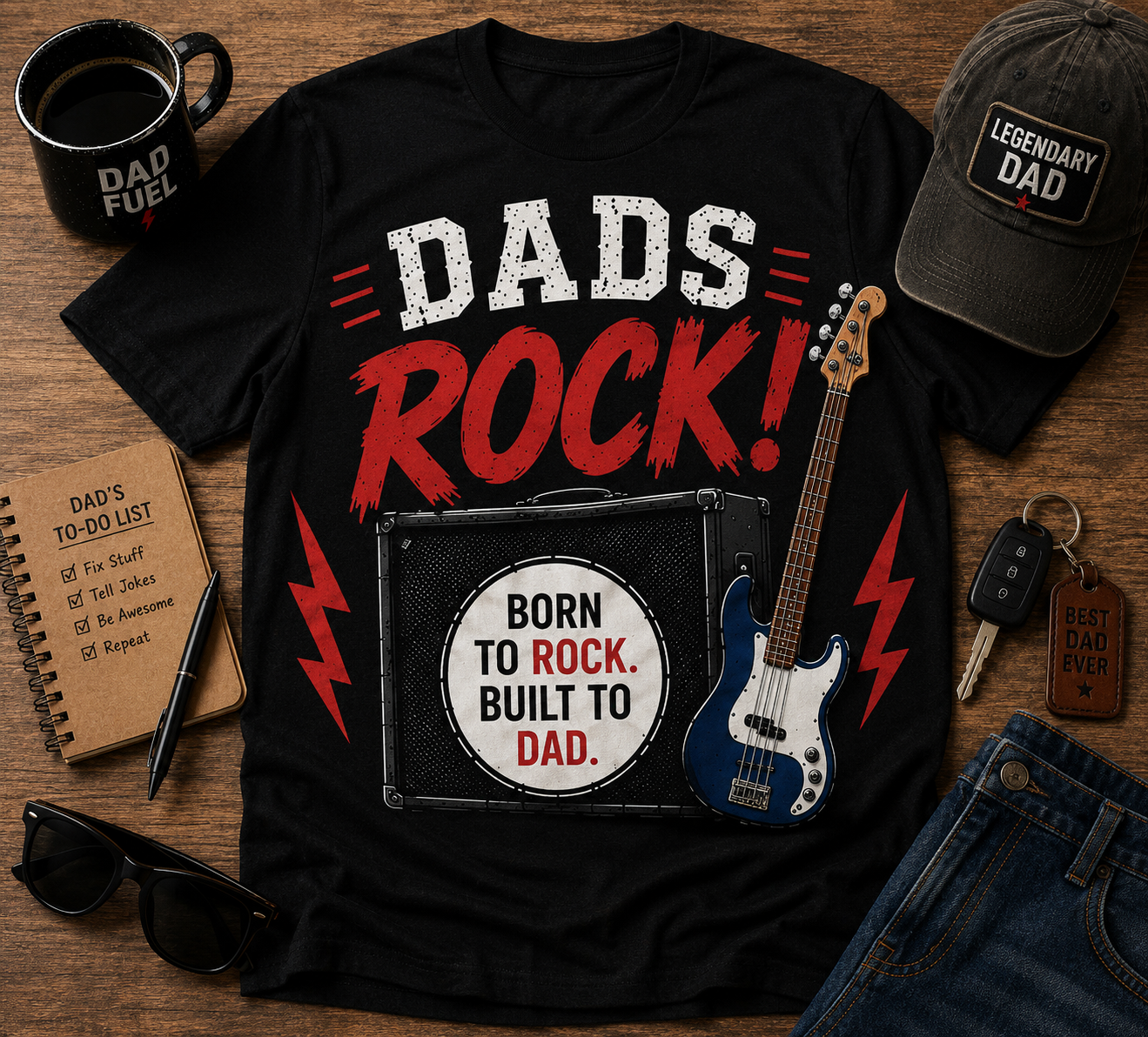 Dads Rock (Bass) Born To Rock Built To Dad Bass Guitar Father’s Day T-Shirt