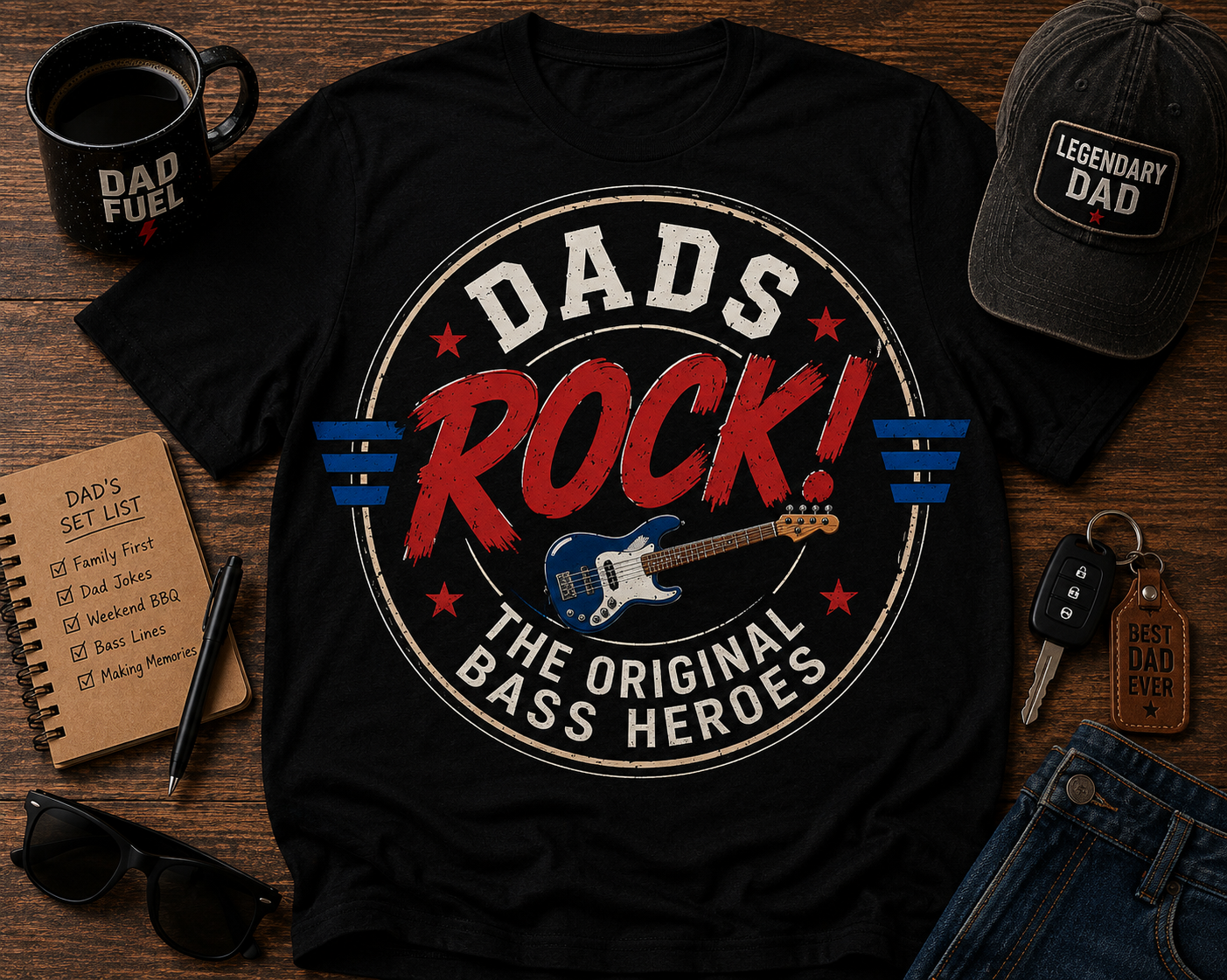 Dads Rock (Bass) The Original Bass Heroes Bass Guitar Father’s Day T-Shirt