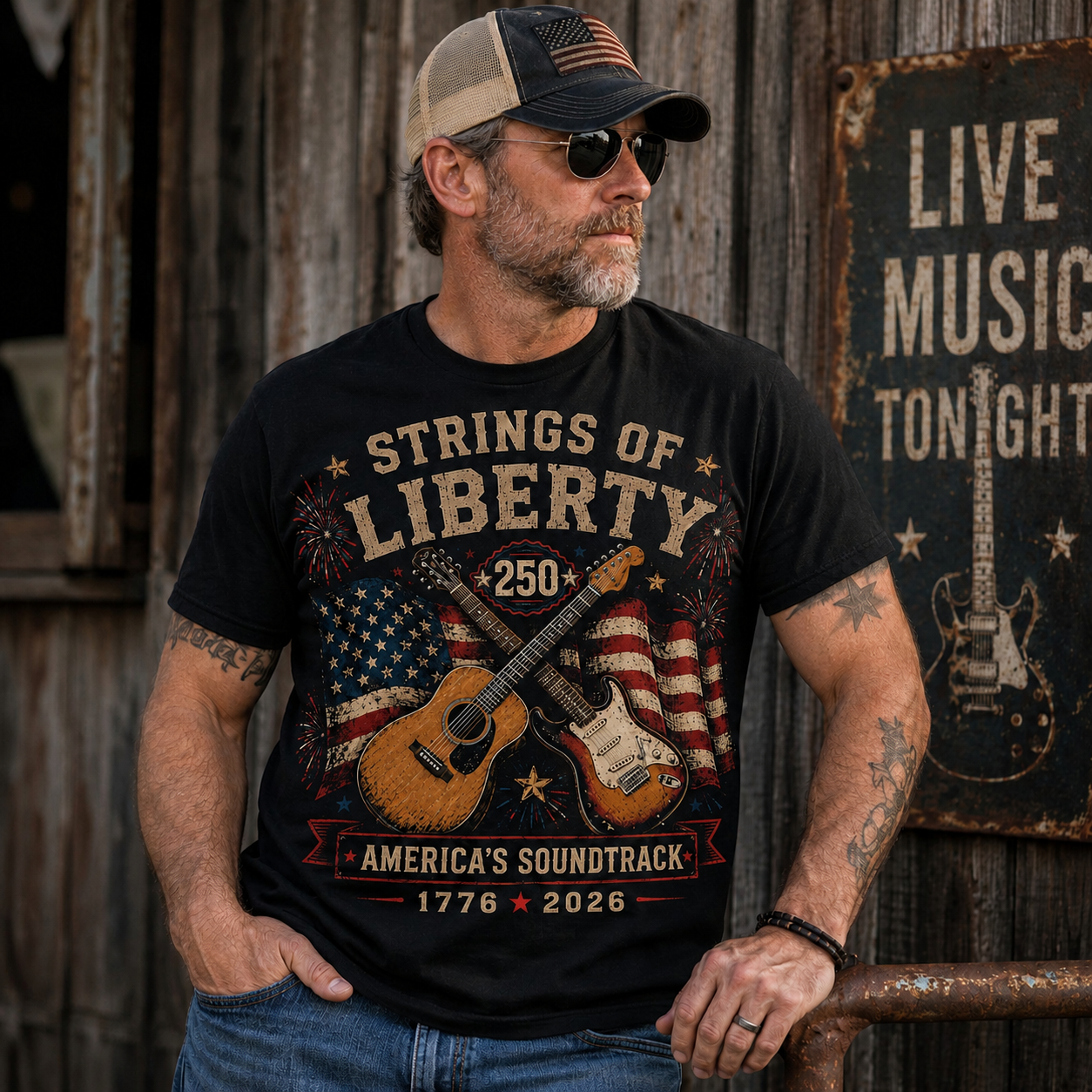 Strings of Liberty America 250 Guitar Shirt | Patriotic Musician Tee | 1776-2026 American Soundtrack T-Shirt