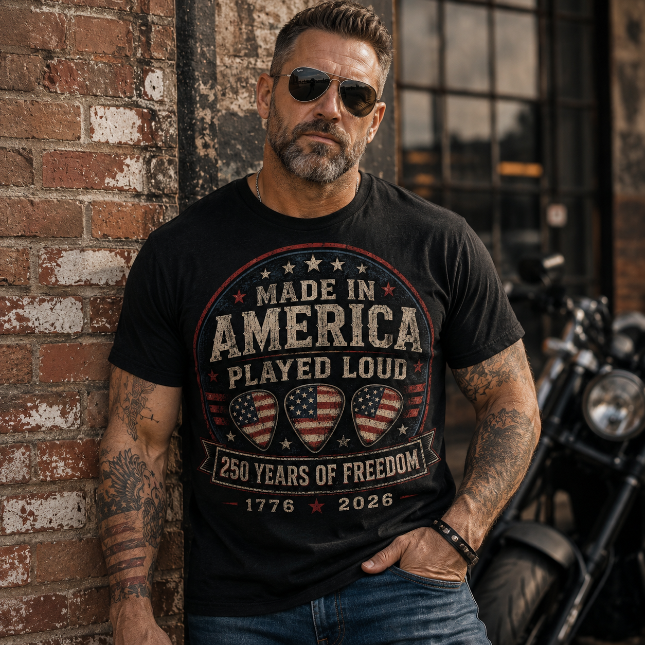 Made in America Played Loud Shirt | America 250 Patriotic Music Tee | 1776-2026 Guitar Pick T-Shirt