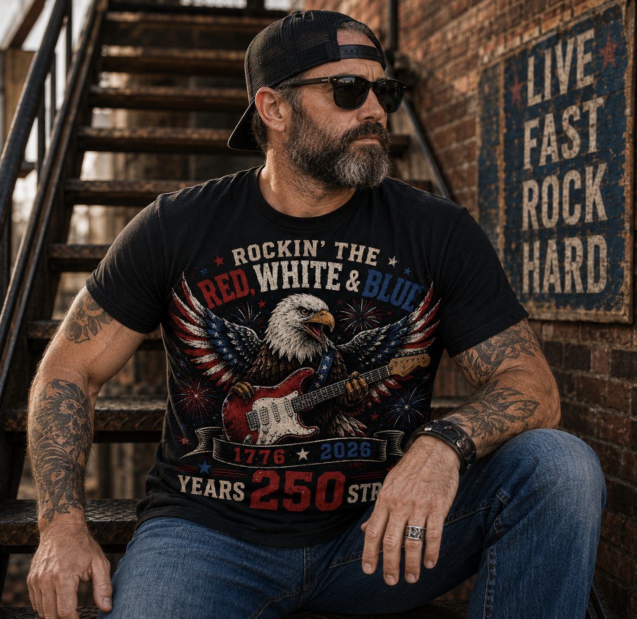 Rockin' the Red White and Blue America 250 Shirt | Patriotic Eagle Guitar Tee | 1776-2026 Rock Music T-Shirt