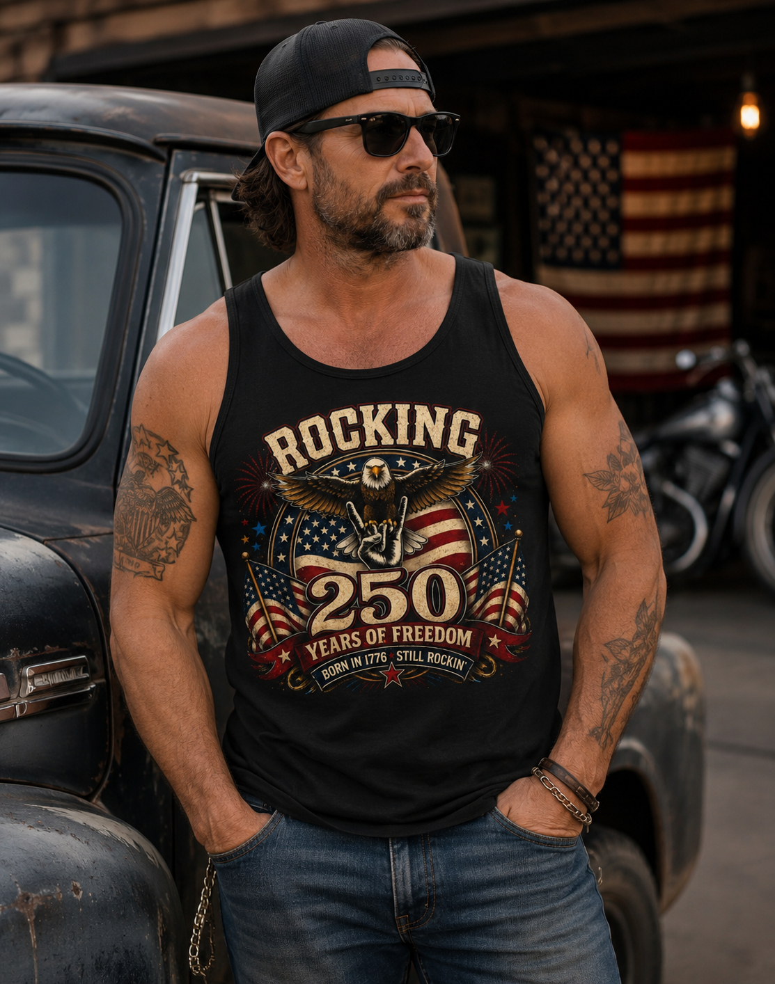 Rocking 250 Years of Freedom Men’s Tank Top | Patriotic 1776 Eagle Shirt 4th of July Independence Day Patriotic Shirt – Rocking 250 Years of Freedom Eagle Tee