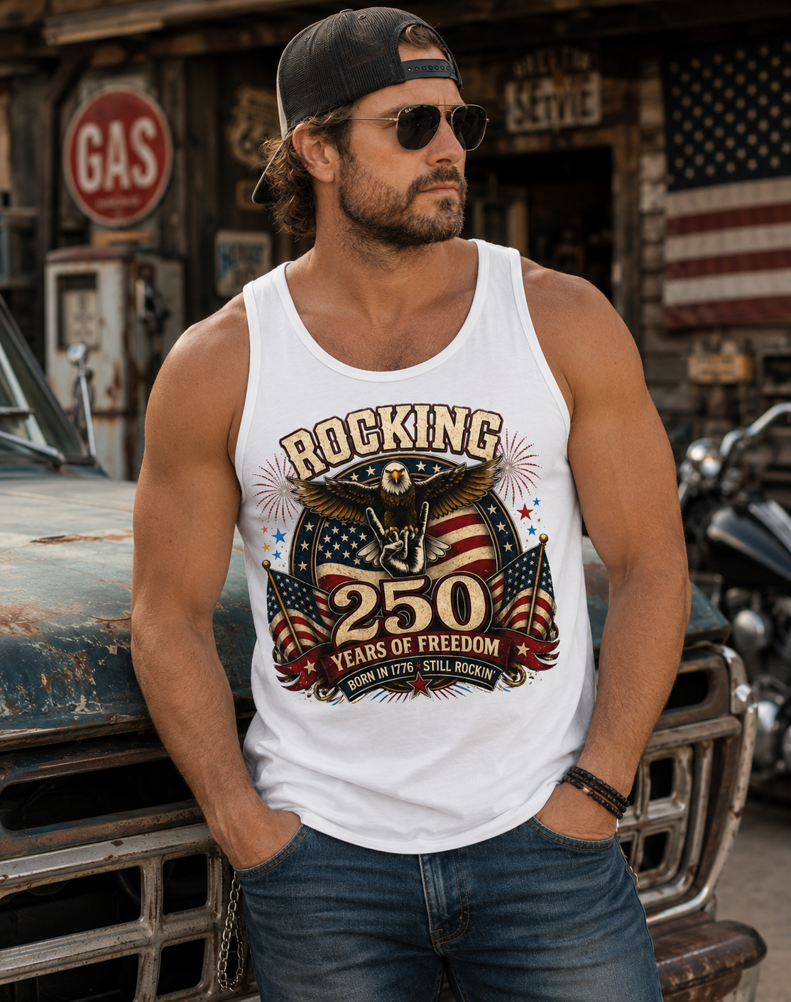 Rocking 250 Years of Freedom Men’s Tank Top | Patriotic 1776 Eagle Shirt 4th of July Independence Day Patriotic Shirt – Rocking 250 Years of Freedom Eagle Tee