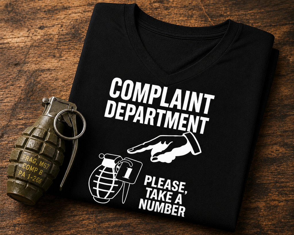 Complaint Department V-Neck Shirt, Funny Sarcastic Grenade Tee, Please Take a Number Shirt, Dark Humor Women’s V-Neck