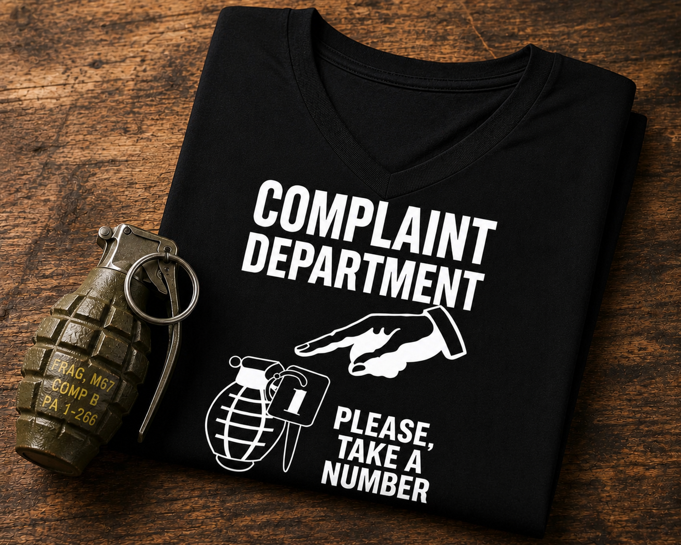 Complaint Department V-Neck Shirt, Funny Sarcastic Grenade Tee, Please Take a Number Shirt, Dark Humor Women’s V-Neck