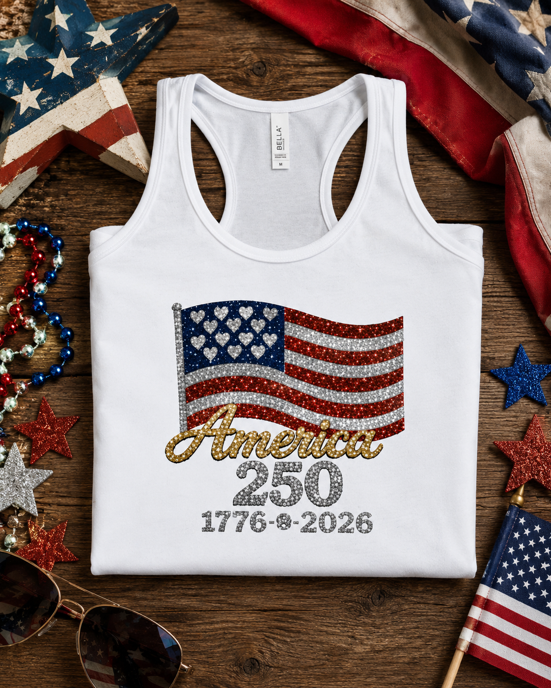 America 250 Rhinestone Flag Women’s Racerback Tank