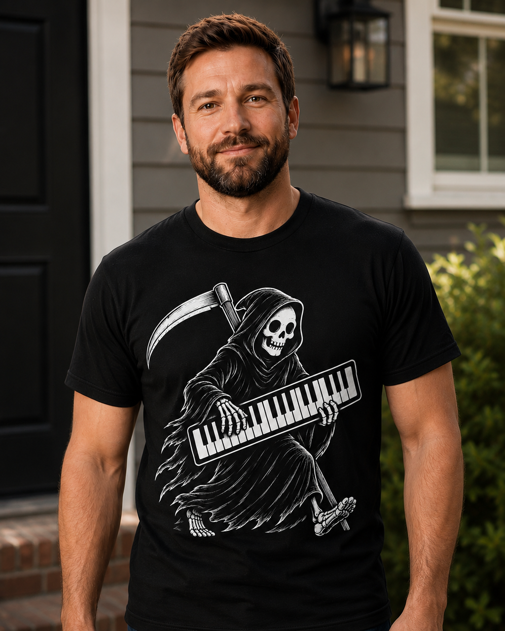Grim Reaper Keyboard Player Shirt | Gothic Musician Gift | Monster Keys Skeleton Pianist Tee