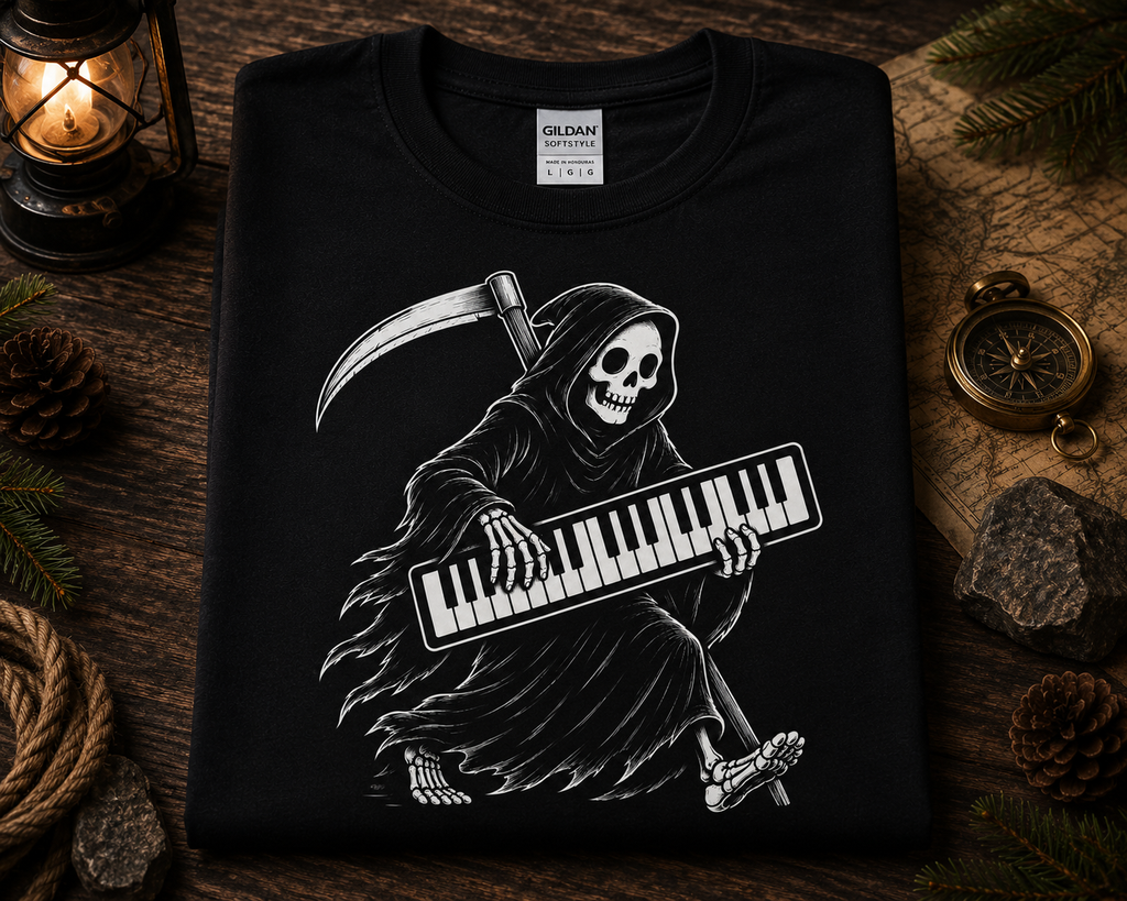 Grim Reaper Keyboard Player Shirt | Gothic Musician Gift | Monster Keys Skeleton Pianist Tee