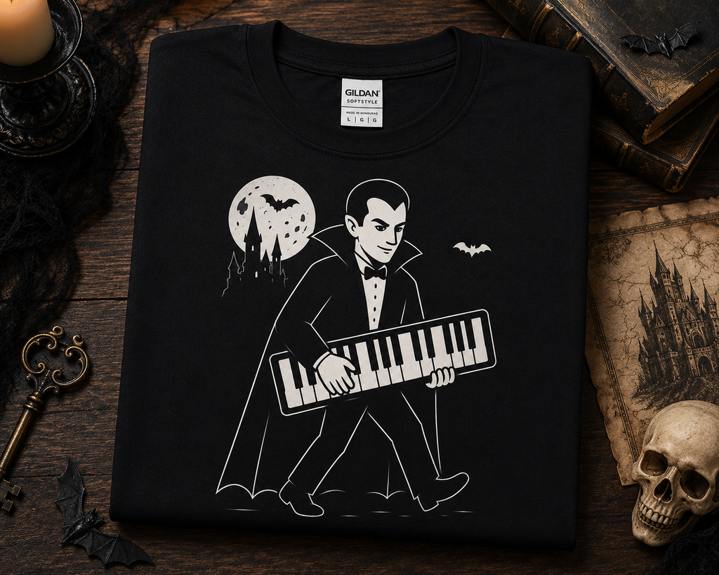 Dracula Nosferatu Vampire Keyboard Player Shirt | Gothic Musician Gift | Monster Keys Halloween Piano Tee