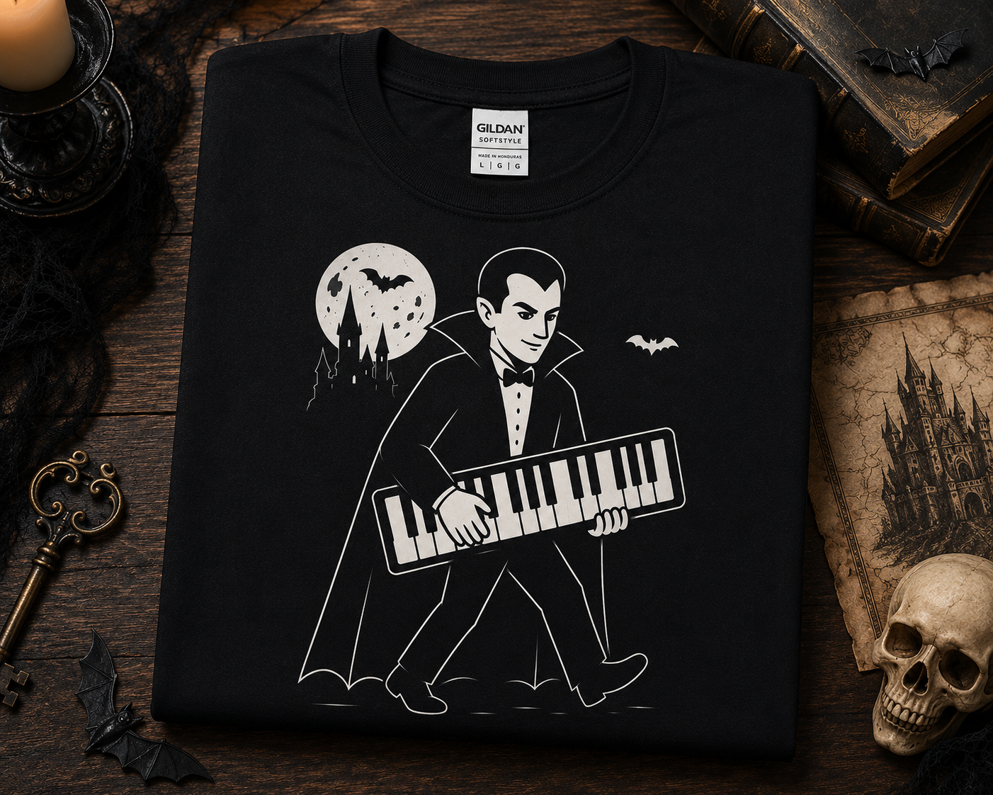 Dracula Nosferatu Vampire Keyboard Player Shirt | Gothic Musician Gift | Monster Keys Halloween Piano Tee