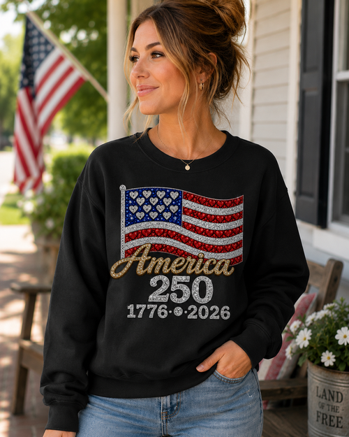 America 250 Rhinestone Flag Sweatshirt, USA 250th Anniversary Sweatshirt, Patriotic Women's Crewneck, 1776 2026 Independence Day Sweatshirt