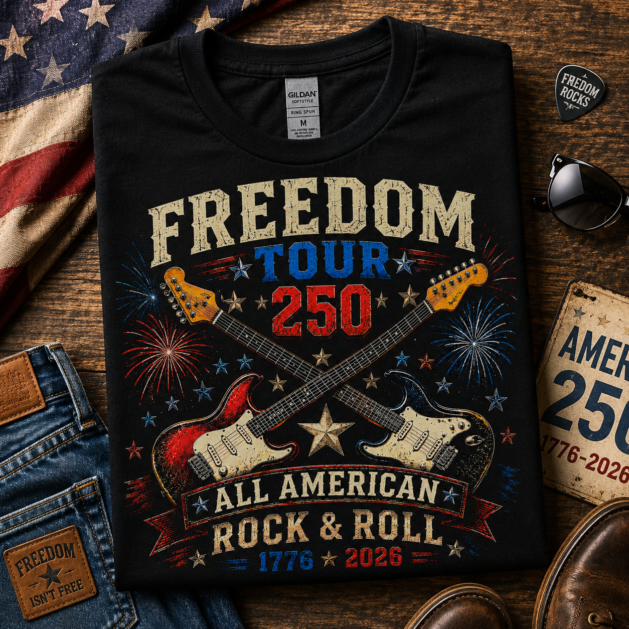Freedom Tour 250 Guitar Shirt | America 250 Rock & Roll Tee | Patriotic 1776-2026 Musician T-Shirt