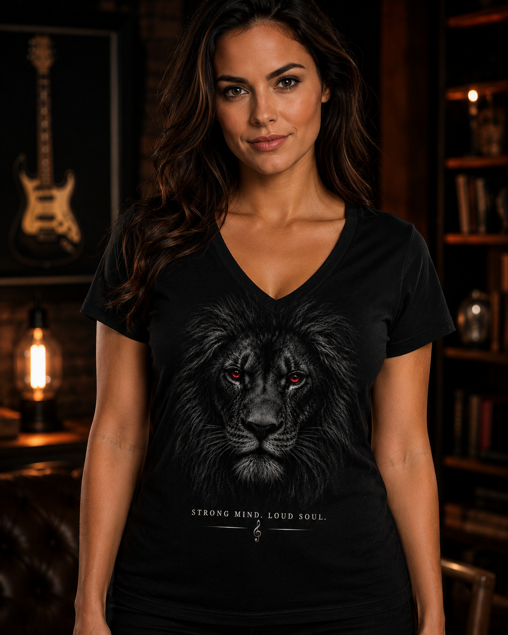 Strong Mind Loud Soul Lion V-Neck T-Shirt | Dark Lion Graphic Tee for Music Lovers, Rock Fans & Free Spirits