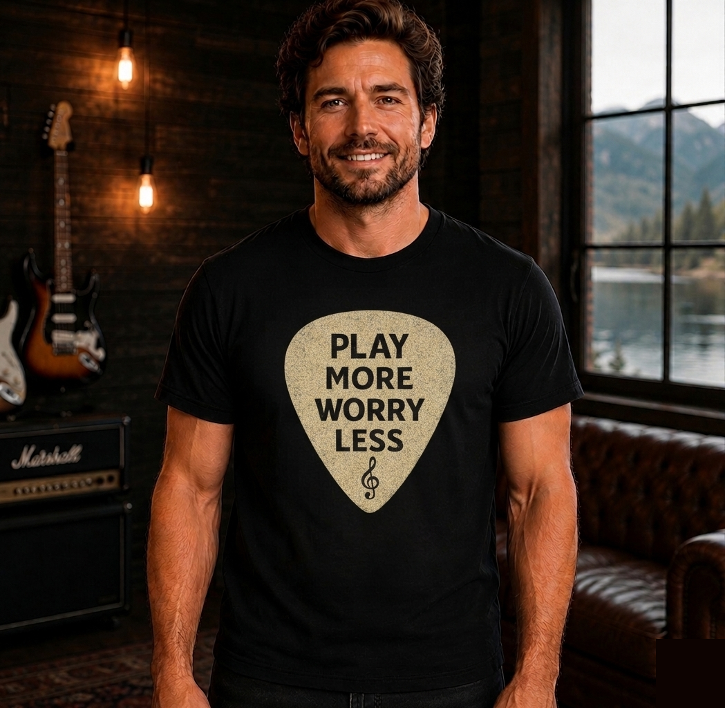 Play More Worry Less Guitar Pick T-Shirt | Guitar Player Shirt | Musician Gift | Guitarist Graphic Tee | Music Lover Apparel