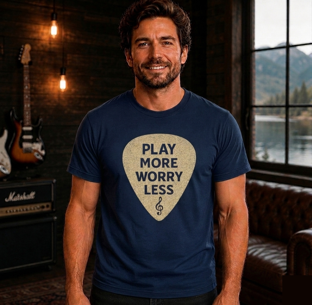 Play More Worry Less Guitar Pick T-Shirt | Guitar Player Shirt | Musician Gift | Guitarist Graphic Tee | Music Lover Apparel