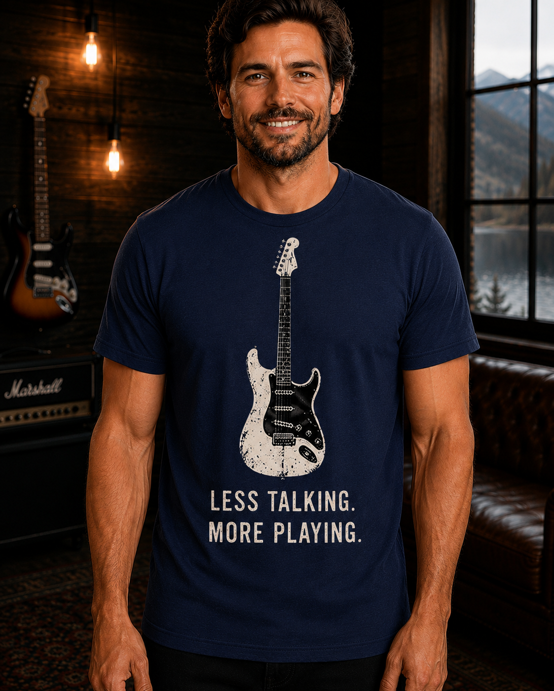 Less Talking More Playing Guitar T-Shirt | Guitar Player Shirt | Guitarist Gift | Musician Tee | Electric Guitar Apparel