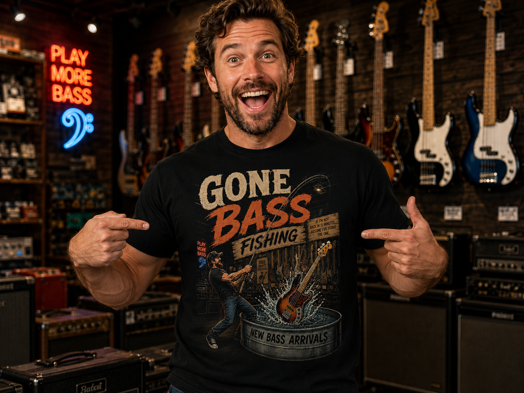 Gone Bass Fishing Funny Bass Guitar Musician T-Shirt, Bass Player Gift, Guitar Store Humor Tee, Music Lover Shirt