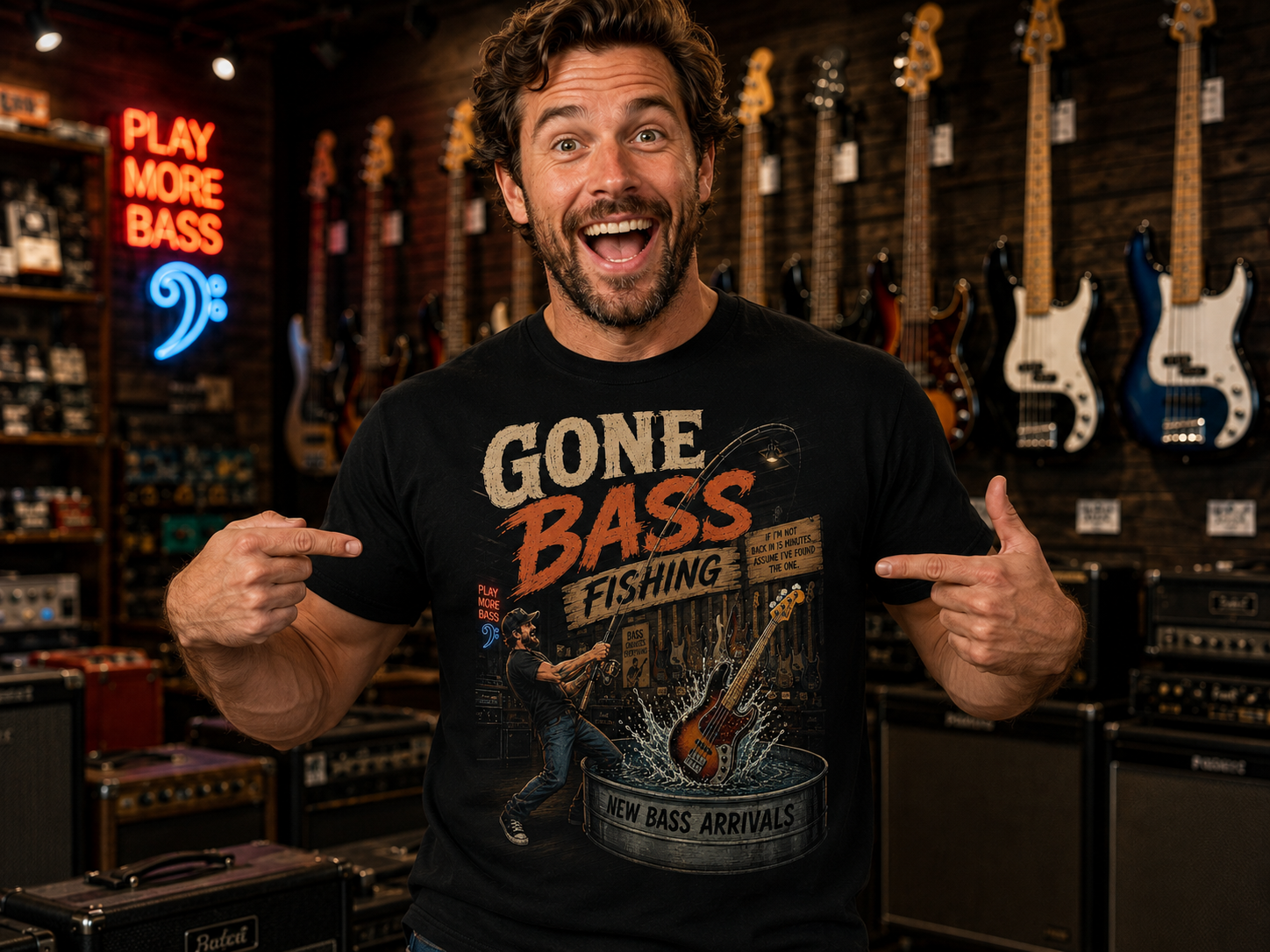 Gone Bass Fishing Funny Bass Guitar Musician T-Shirt, Bass Player Gift, Guitar Store Humor Tee, Music Lover Shirt