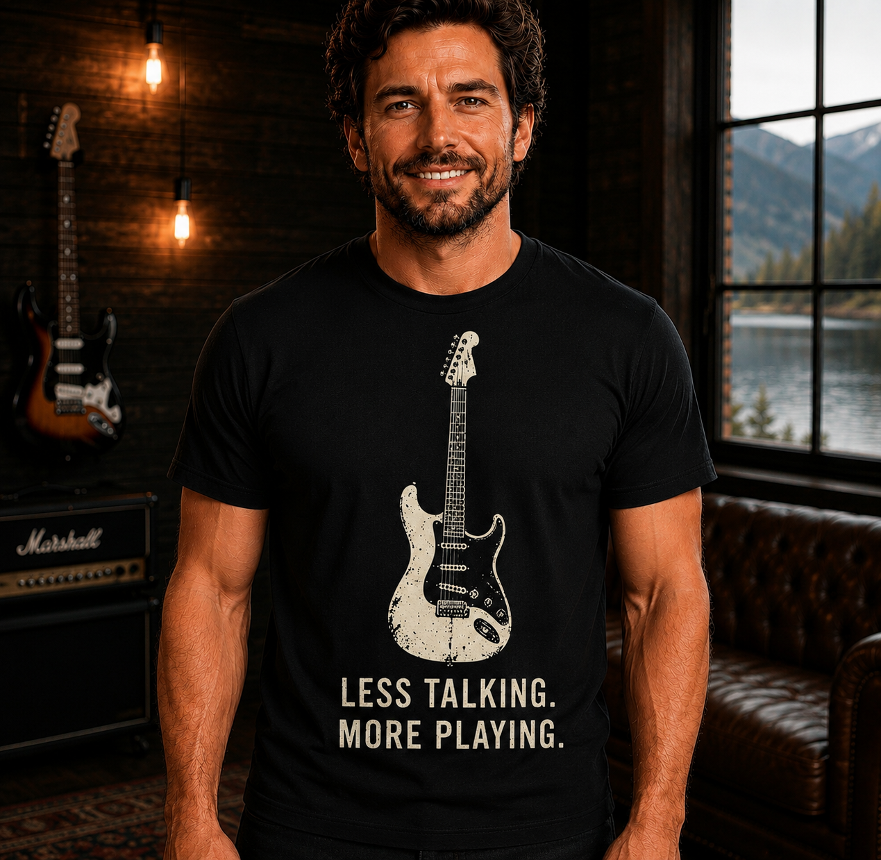Less Talking More Playing Guitar T-Shirt | Guitar Player Shirt | Guitarist Gift | Musician Tee | Electric Guitar Apparel