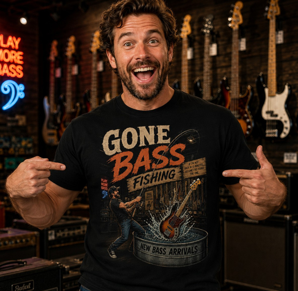 Gone Bass Fishing Funny Bass Guitar Musician T-Shirt, Bass Player Gift, Guitar Store Humor Tee, Music Lover Shirt