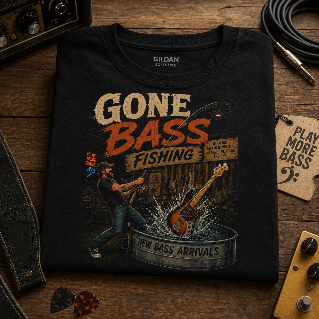 Gone Bass Fishing Funny Bass Guitar Musician T-Shirt, Bass Player Gift, Guitar Store Humor Tee, Music Lover Shirt